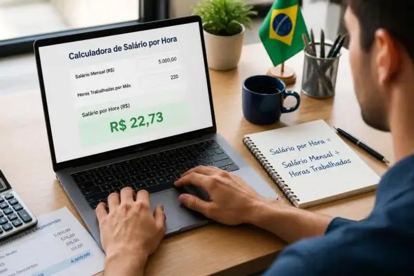 Pessoa usando uma calculadora de salário por hora em um notebook para calcular o valor da hora trabalhada com base no salário mensal e na jornada CLT.