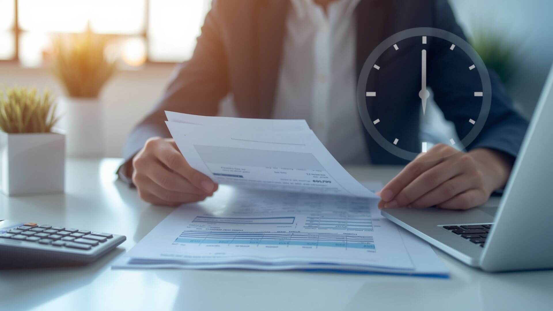 Employee analyzing payroll documents with overtime and salary calculation concept in a modern office setting.