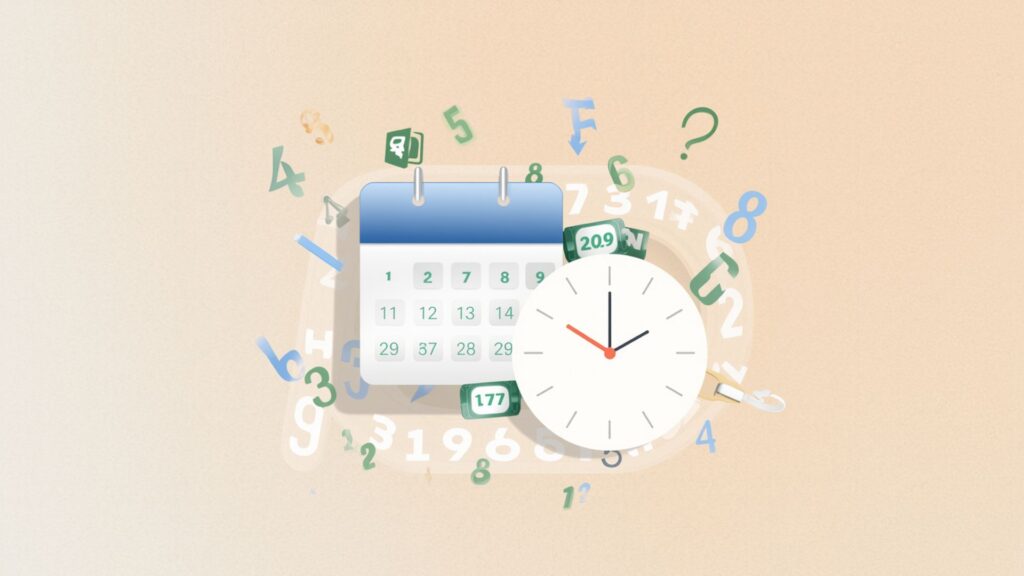 Ilustração do sistema de datas e horas do Excel representado por números e um relógio