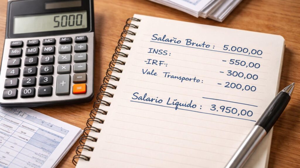 step by step calculo salario liquido example with deductions Brazil