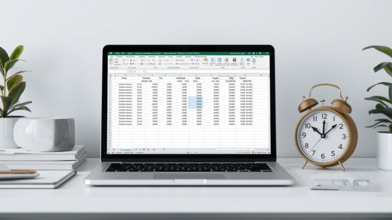 Homem calculando tempo no Excel em um laptop com planilha aberta e relógio ao lado
