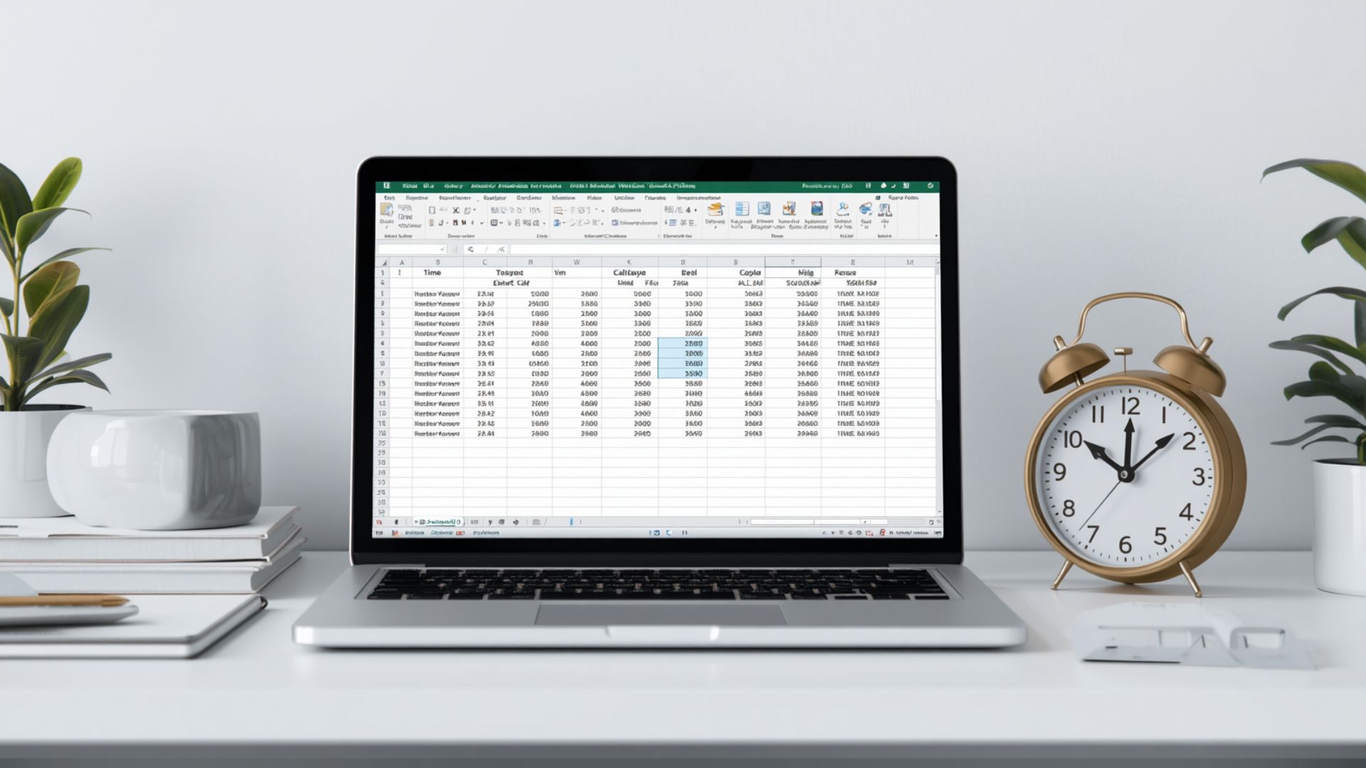 Homem calculando tempo no Excel em um laptop com planilha aberta e relógio ao lado