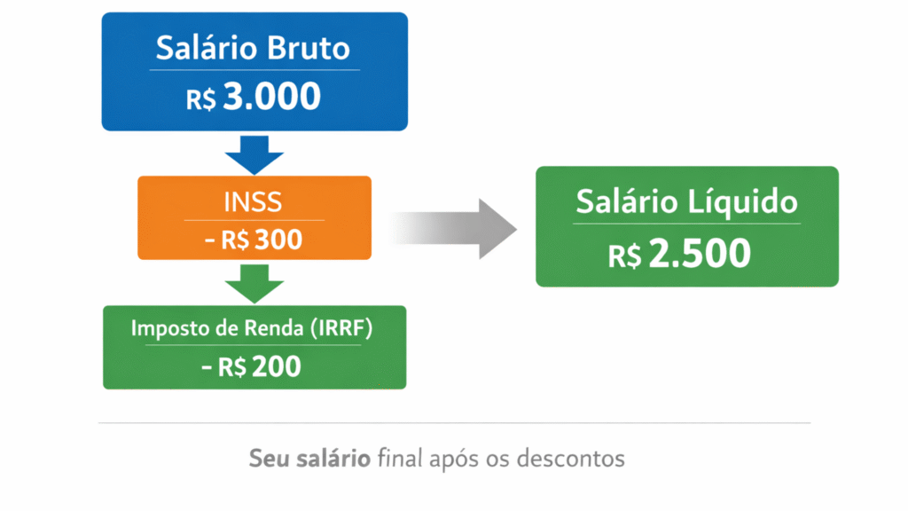 Novo Salário Mínimo 2026 impact on net salary showing INSS and IRRF deductions in Brazil