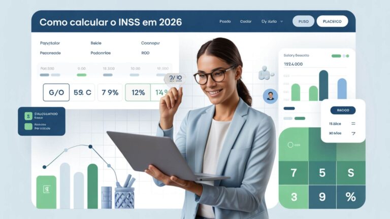Funcionário analisando cálculo do INSS 2026 na folha de pagamento com alíquotas progressivas e descontos salariais no Brasil