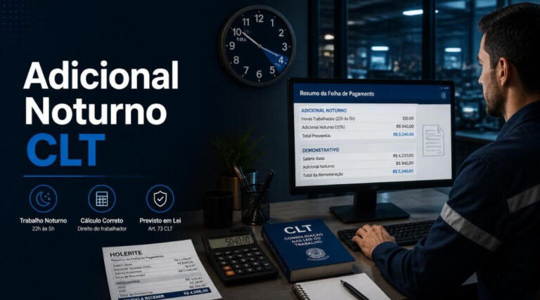 Adicional Noturno CLT: trabalhador em turno noturno analisando cálculo salarial, relógio e folha de pagamento