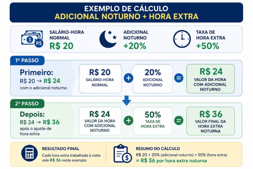 Cálculo do adicional noturno e hora extra: exemplo com salário-hora de R$20, adicional noturno de 20% e hora extra de 50%