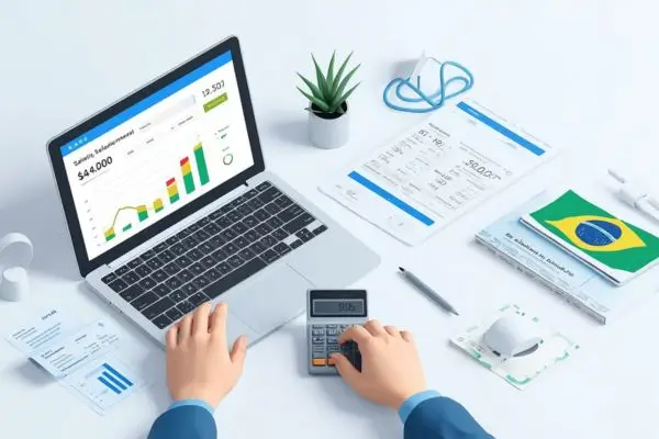 Pessoa usando uma calculadora e um notebook para fazer o cálculo exato do salário mensal com folha de pagamento e documentos financeiros.