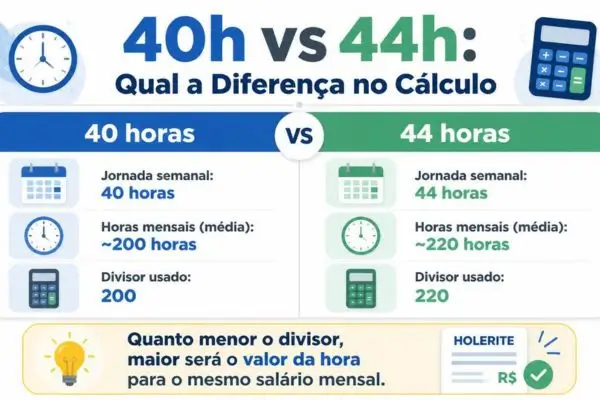 Infográfico comparando jornadas de 40 e 44 horas semanais, mostrando horas mensais médias e o divisor usado para calcular o valor da hora.